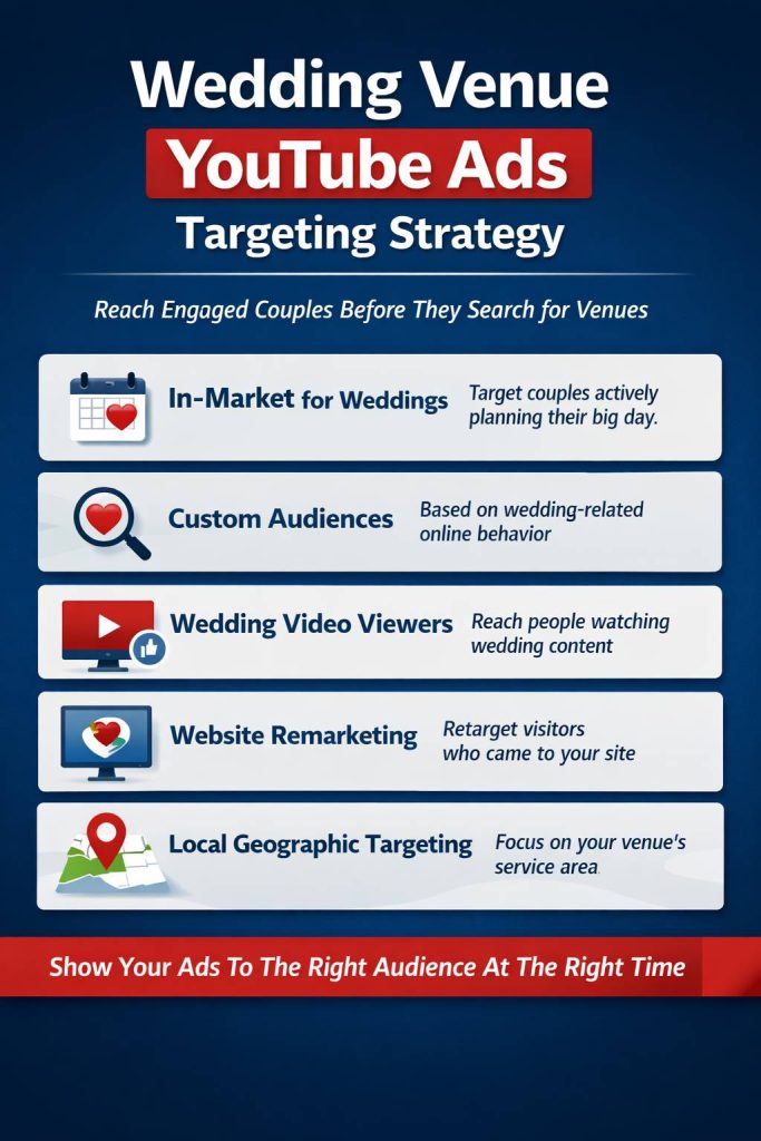 Infographic showing the various targeting strategies you can use for advertising your wedding venue on YouTube.