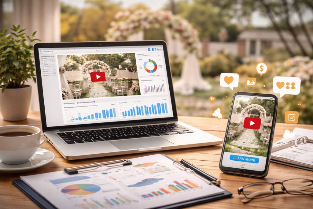 Laptop showing data and graphs from a YouTube ads campaign for a wedding venue. Picture also has a clipboard with a printed report on it and a cell phone showing the YouTube logo with a blue learn more button.