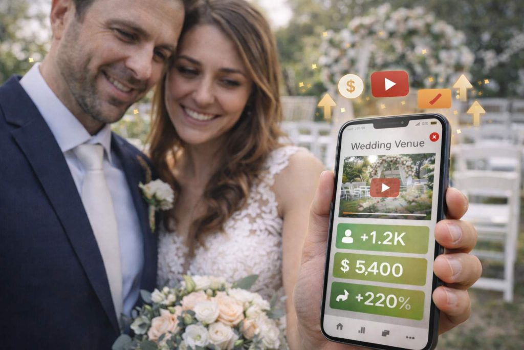 venue through a YouTube ad on their phone. The phone is showing the video along with view count, ad spend