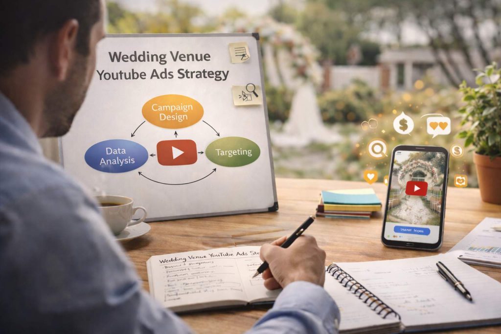 marketer sitting in front of a whiteboard writing in his notebook various different strategies to use for a wedding venues YouTube ad marketing campaign.