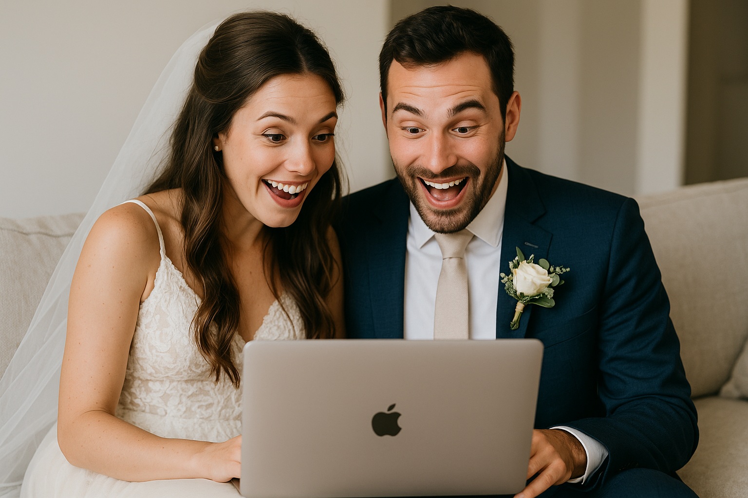 wedding couple sitting on the couch reading the warm email from their wedding venue asking for a review