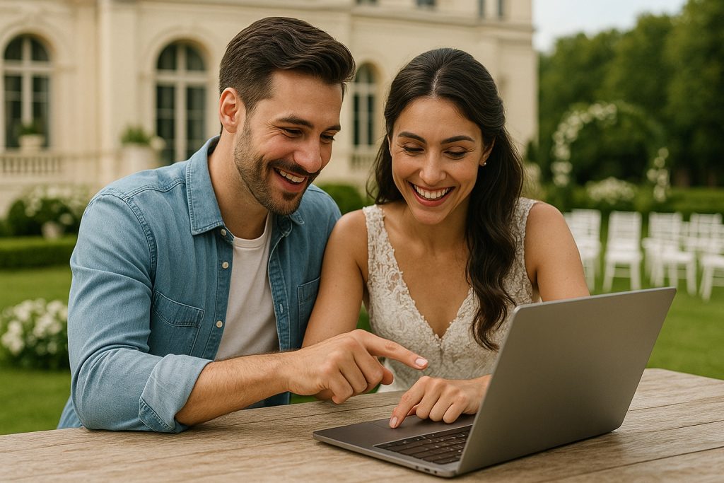 A couple is doing online research to find the perfect wedding venue for their big day.