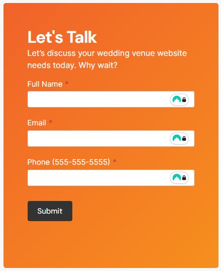 short orange contact form we use for our wedding venue marketing agency