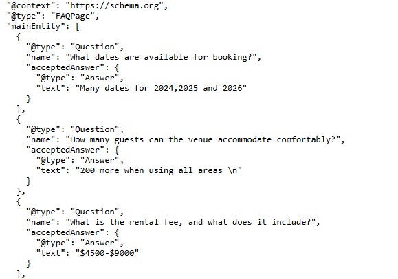 sample faq schema markup that is used on a wedding venue website