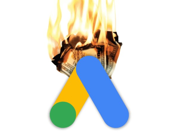 Google ads logo with money burning behind it