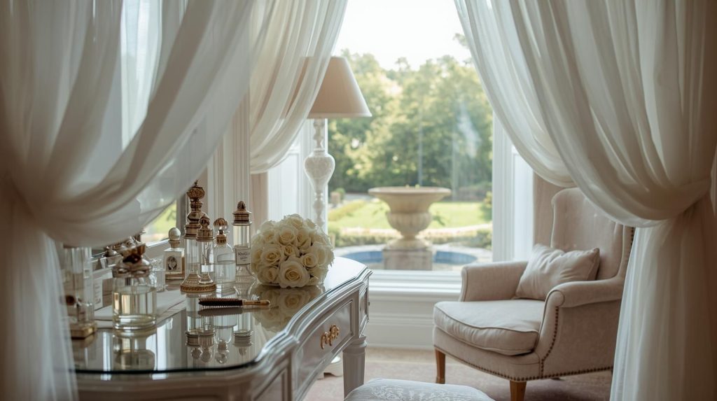 beautiful bridal suite with a view of a water fountain through white curtains