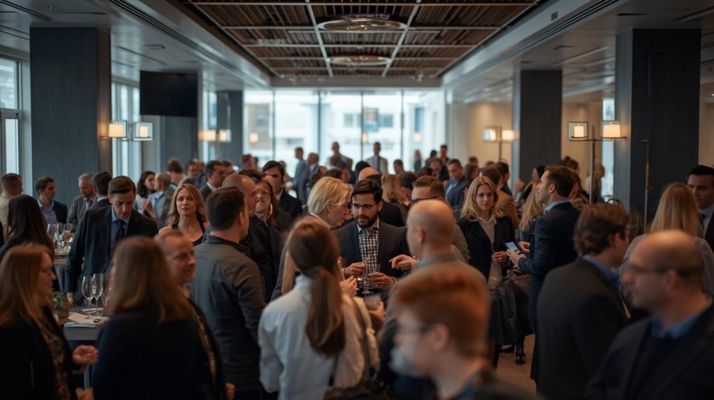 open house that a venue used to promote their space to corporate business clients, which has a room full of people having a good time