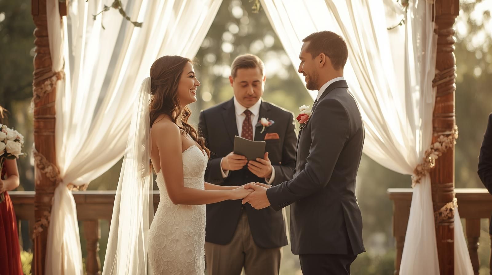 A happy couple standing together at the altar to get married