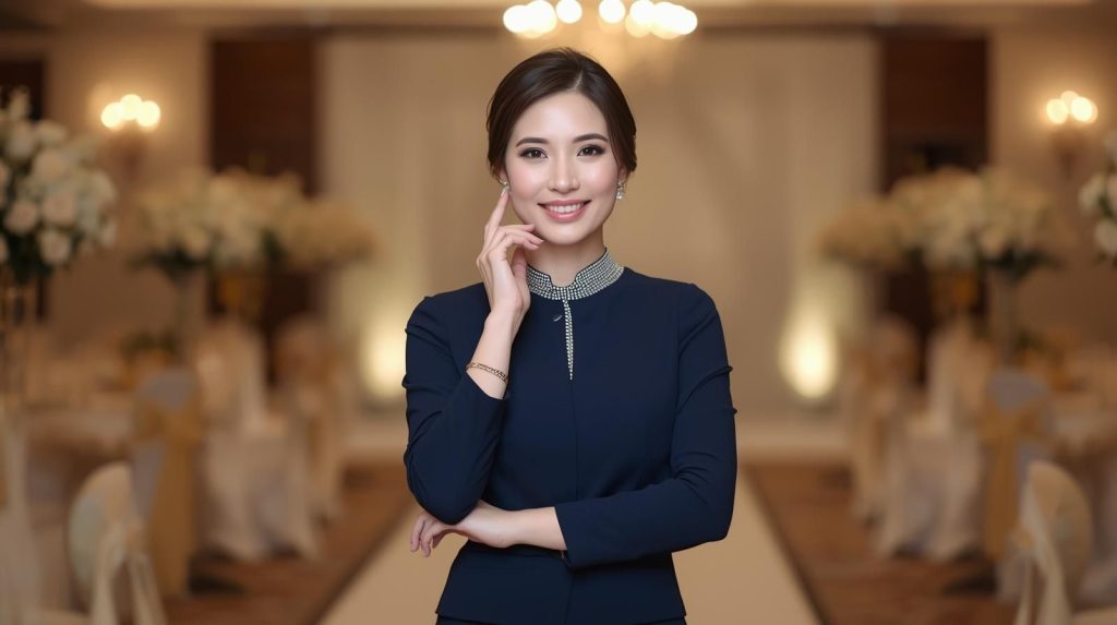 female wedding venue manager getting ready to ask a question