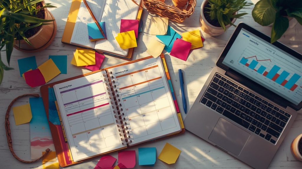 Messy desk with a seasonal content calendar for a wedding venue next to a laptop showing a graph of event booking growth.