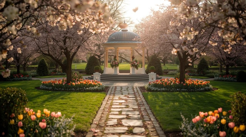 wedding gazebo in a flower garden during the spring