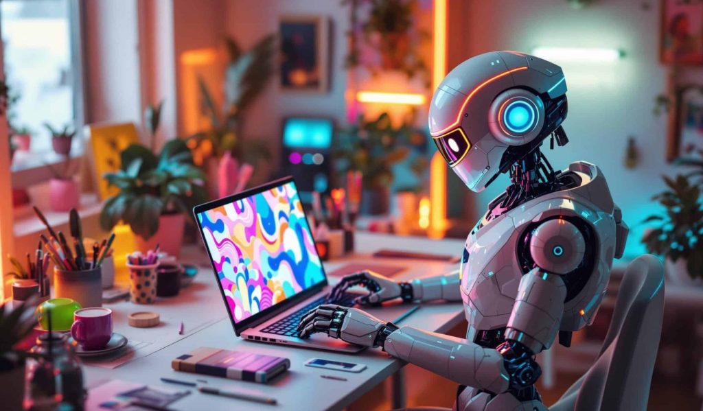 AI robot sitting at a desk, creating digital images for a wedding venue