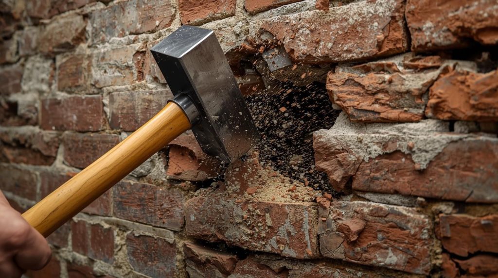 sledgehammer knocking down a brick wall