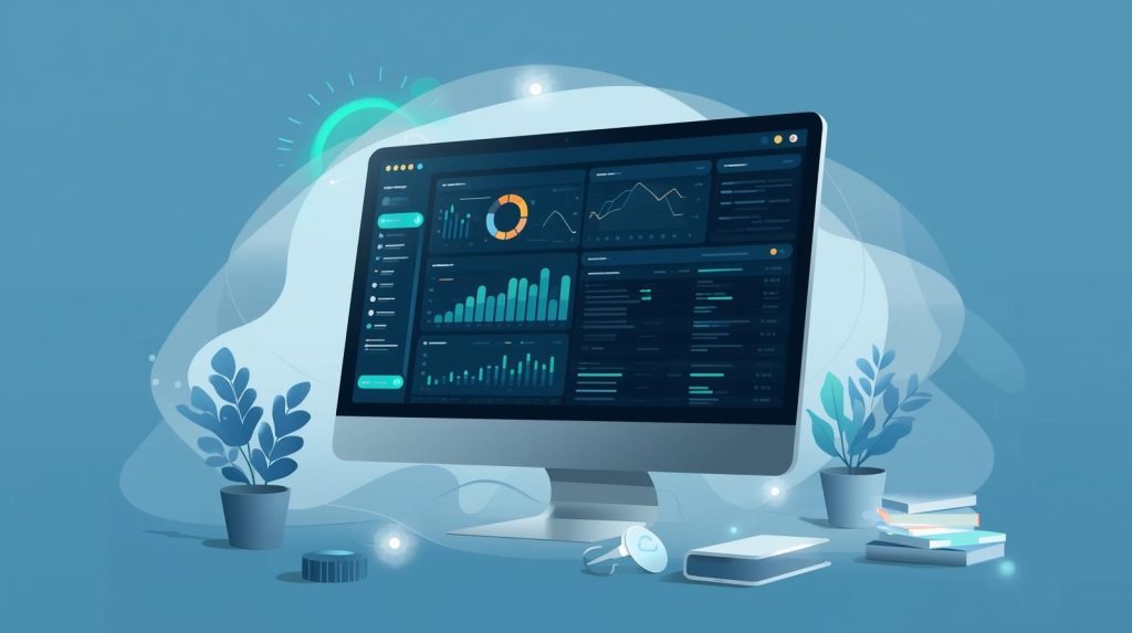 dashboard on a monitor showing tracking stats with line graphs, bar charts, and other figures