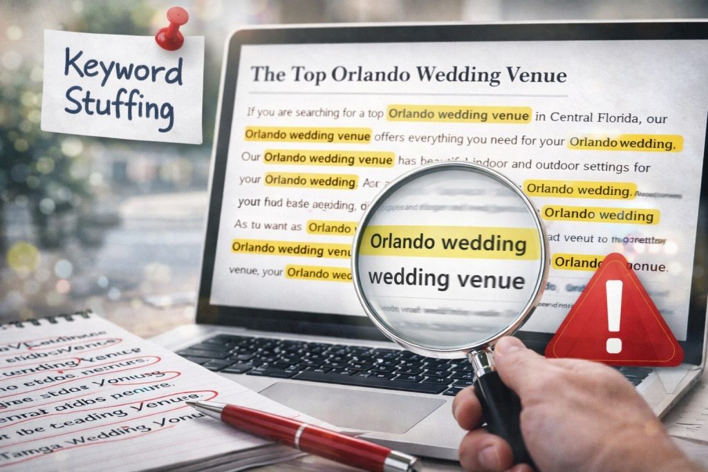 keyword stuffing example of a wedding venue in Orlando, FL, repeating "Orlando wedding venue" over and over again in their content
