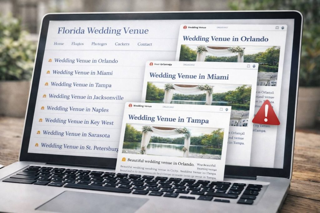 An example of a wedding venue that made dozens of city pages, all targeting wedding venue searches in those cities
