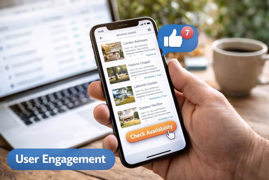 someone holding their cell phone while browsing the mobile version of a wedding venue's website that has great engagement and CTA's