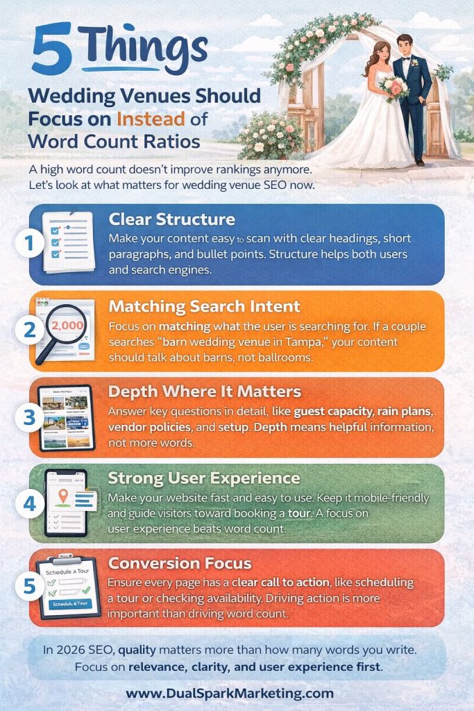 infographic on the 5 things wedding venues should focus on instead of the number of words on a page