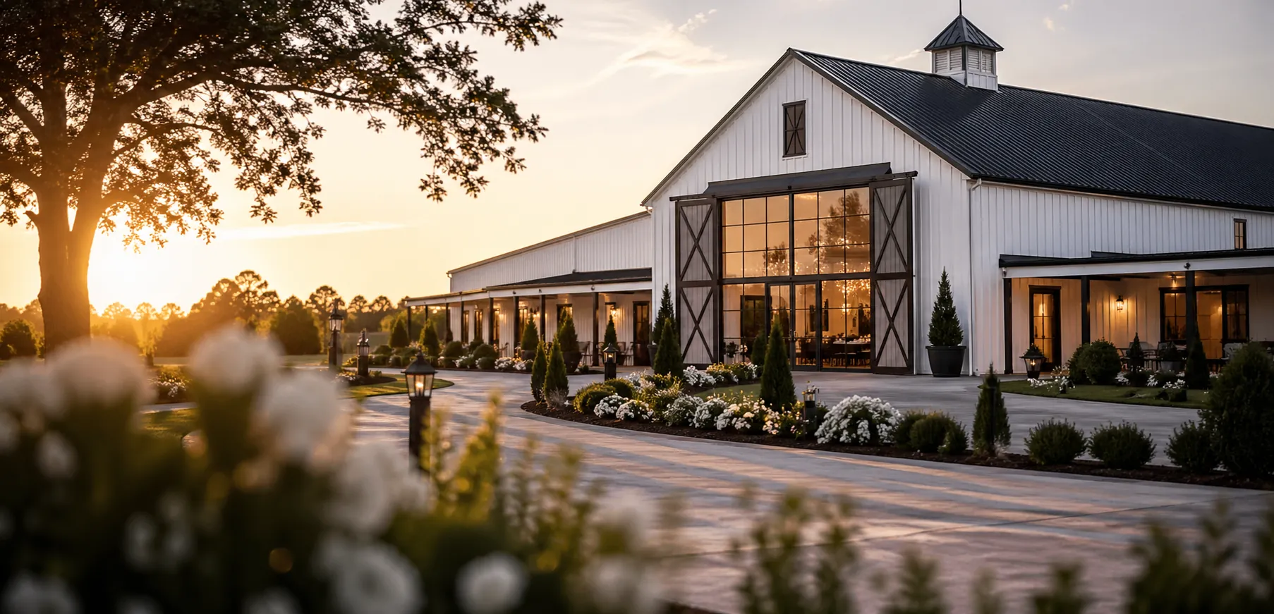 barn wedding venue exterior at sunset for google maps seo visibility