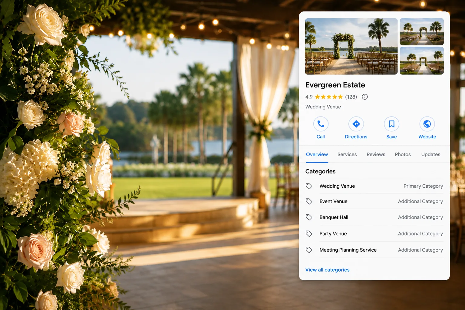 Google Business Profile categories for a wedding venue with elegant indoor outdoor reception space