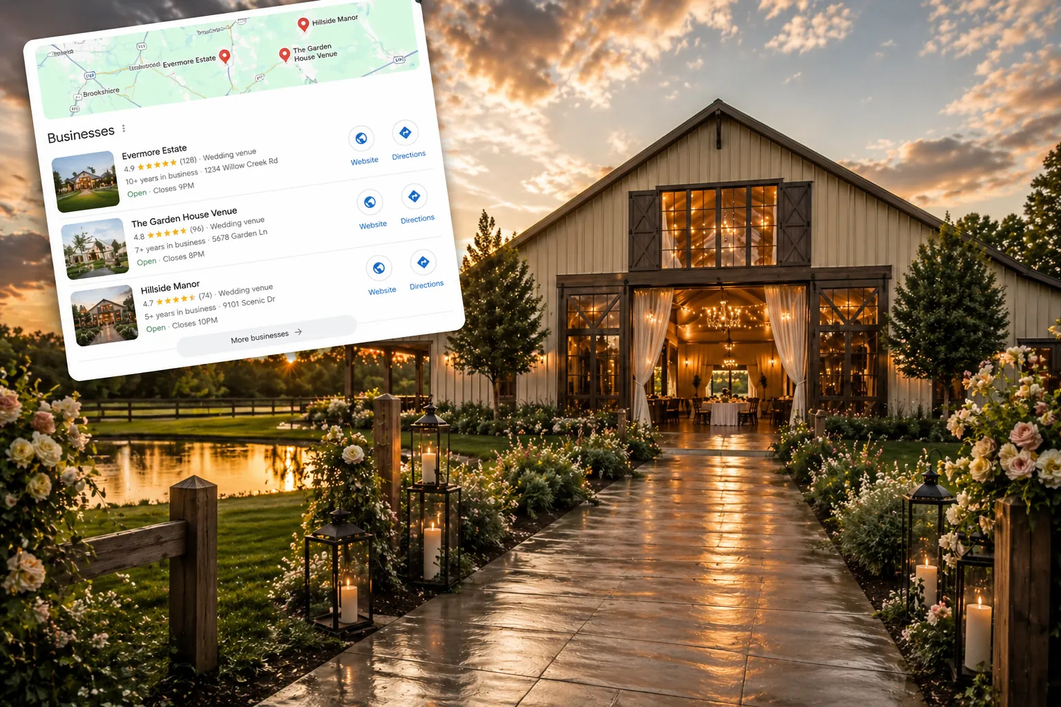 wedding venue google maps 3 pack example with barn venue and local search results overlay