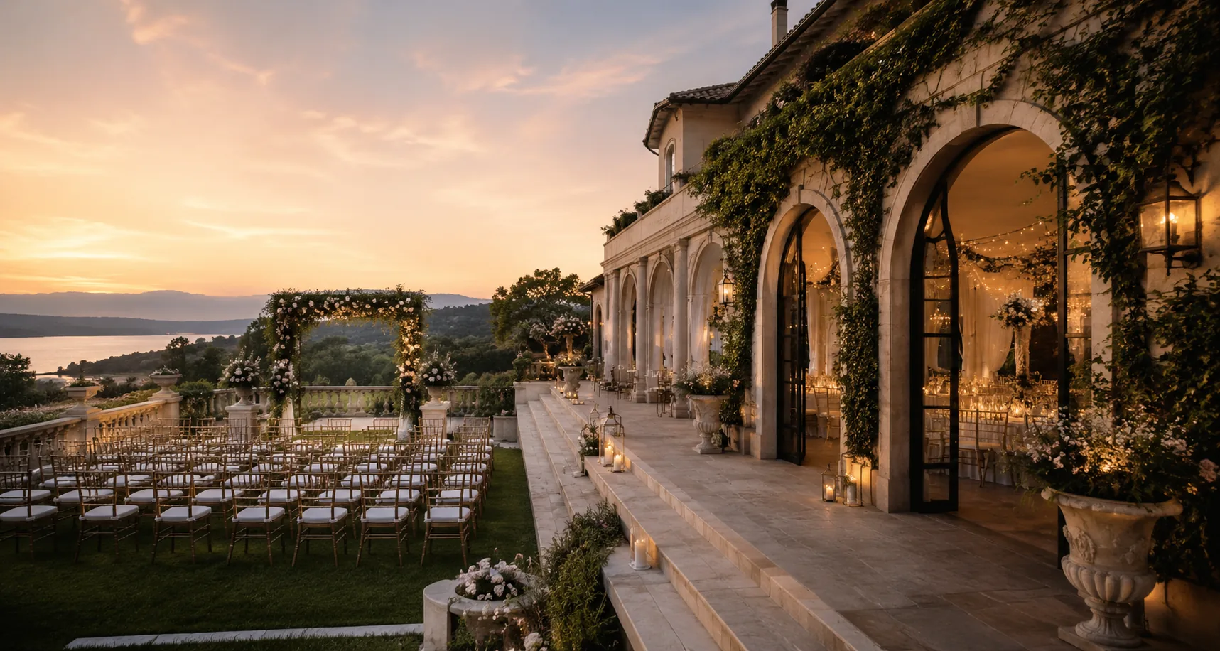 Elegant outdoor wedding venue ceremony setup with luxury reception space at sunset