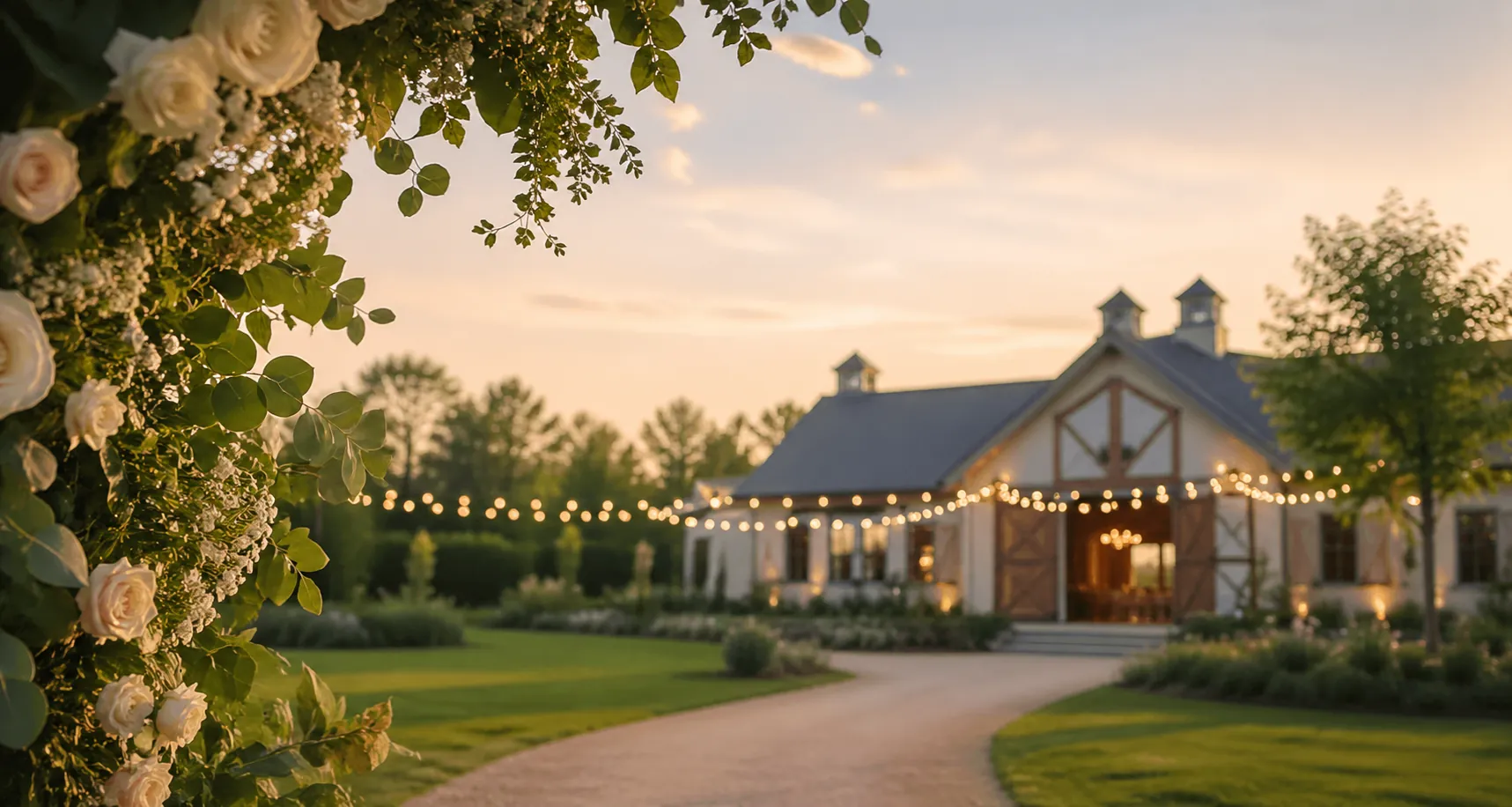wedding venue outdoor ceremony space with barn and string lights at sunset