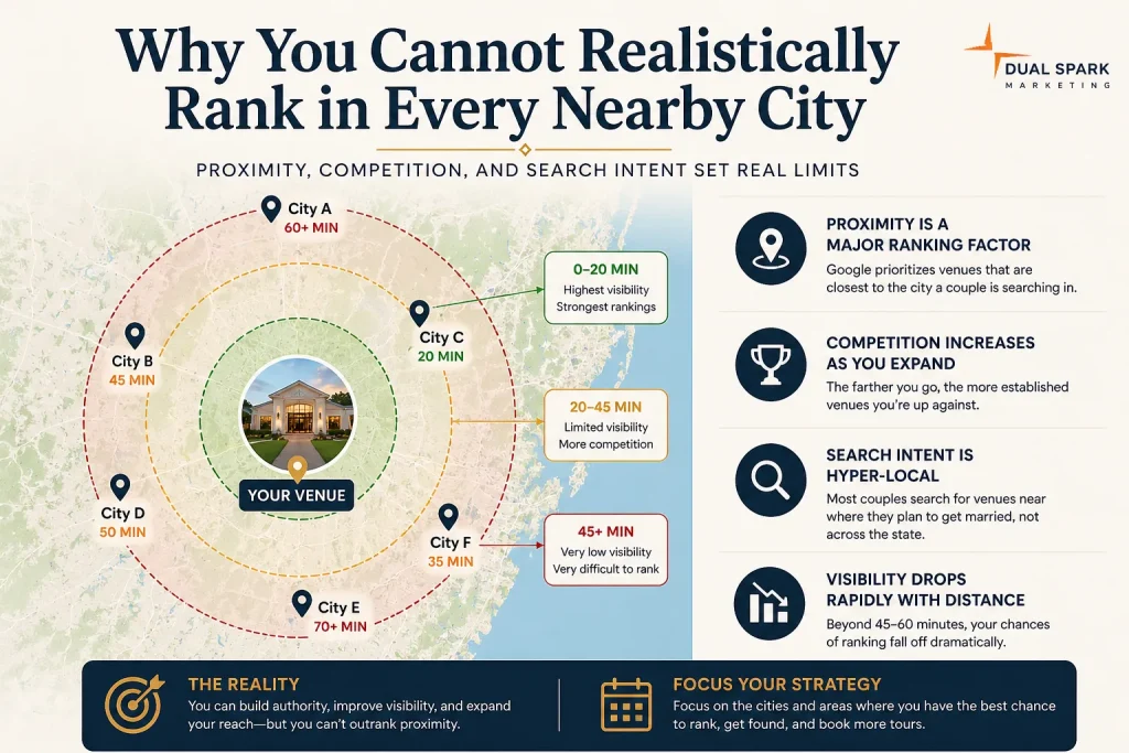 why wedding venues cannot rank in every nearby city due to proximity and local seo ranking factors