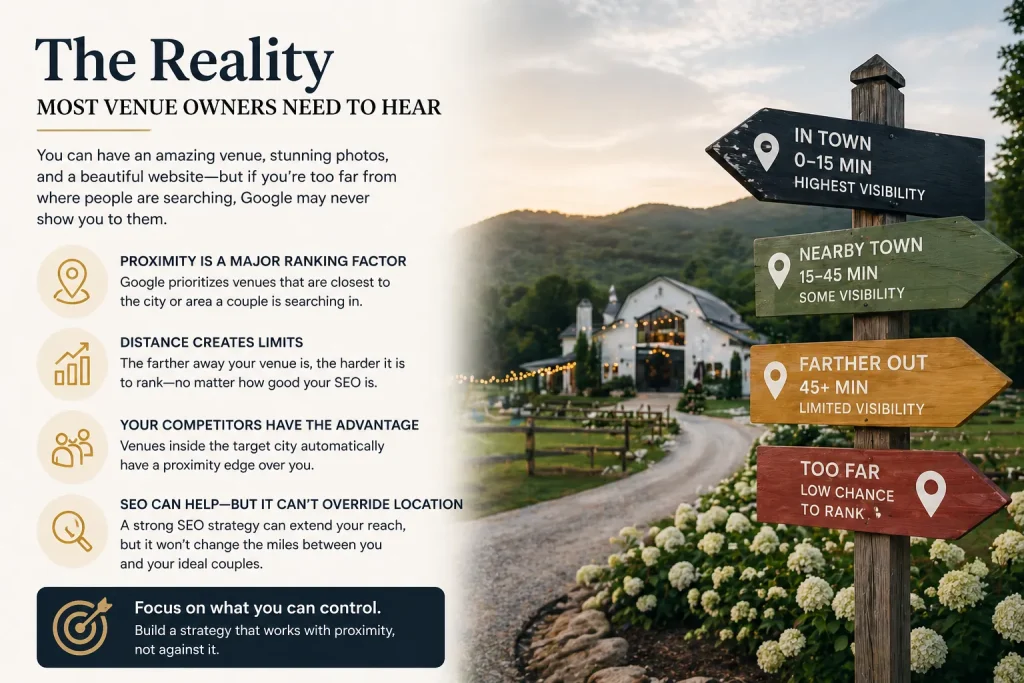how proximity impacts wedding venue seo with distance zones and visibility limits in local search