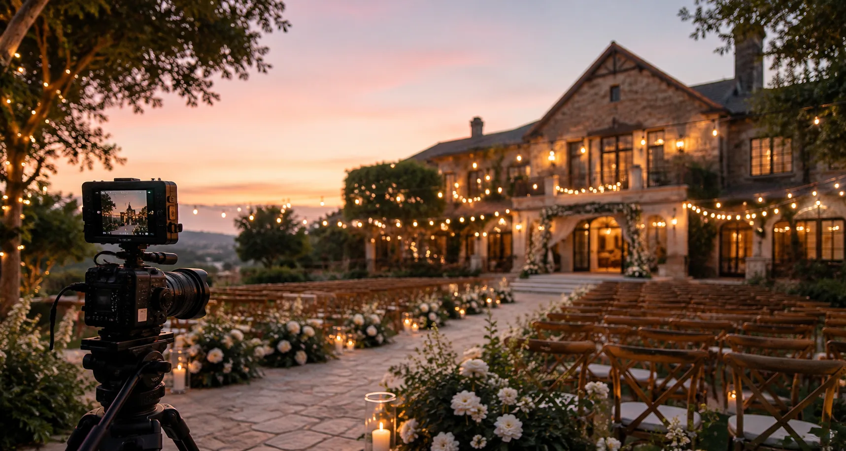 Wedding venue video production setup filming an outdoor ceremony space at sunset
