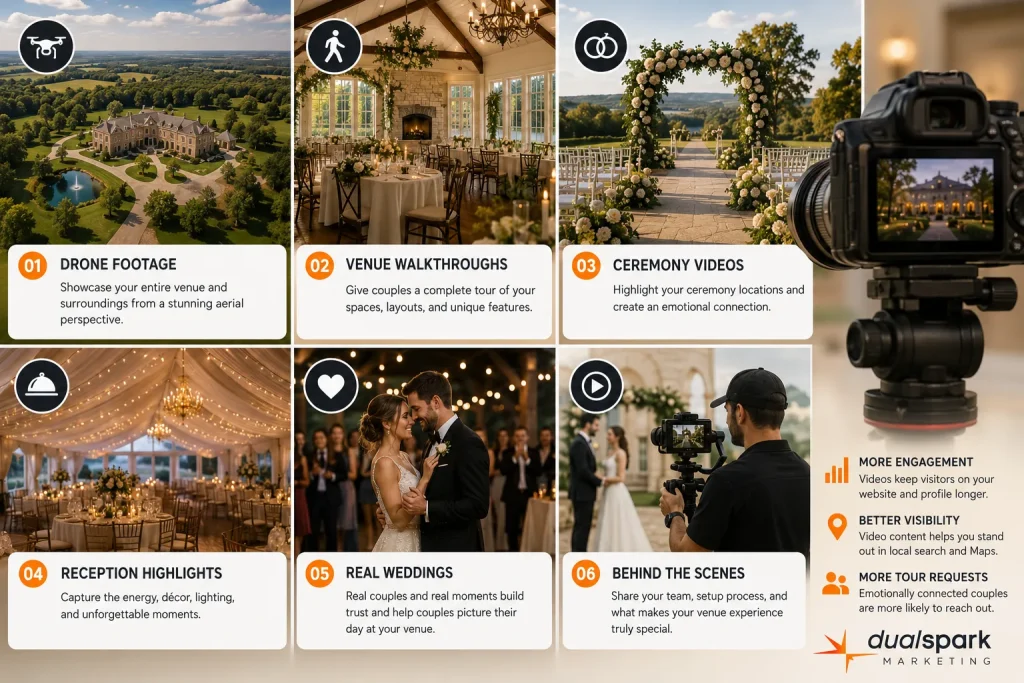 Infographic showing the best types of wedding venue videos for SEO and engagement