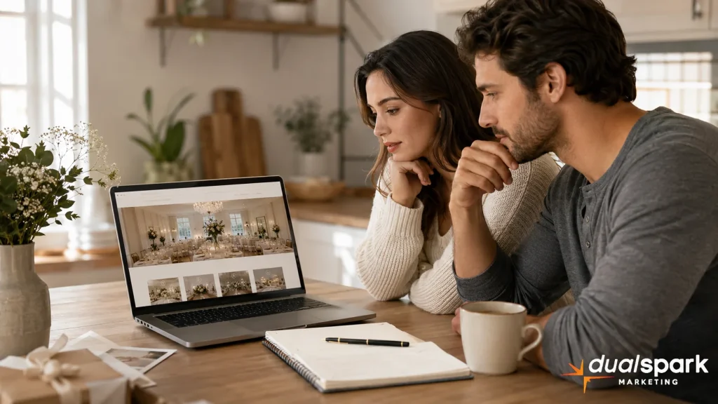 Engaged couple reviewing wedding venue options on a laptop at home before booking a tour