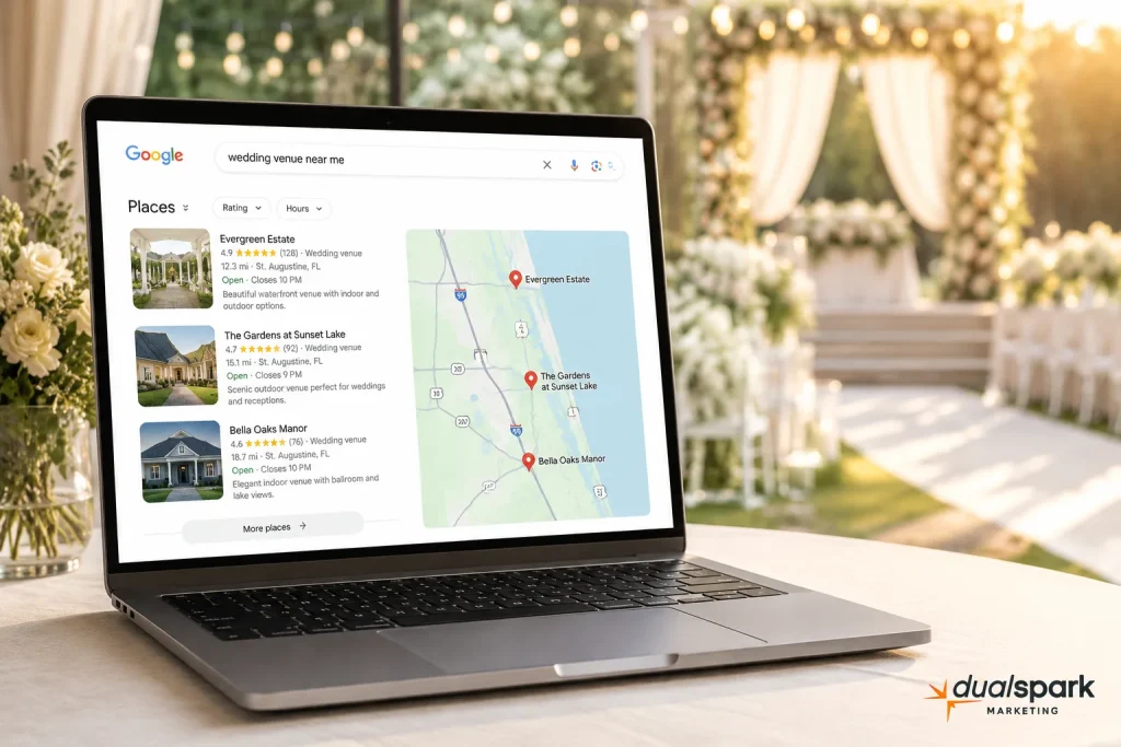 Google Maps wedding venue search results on a laptop inside an elegant wedding venue