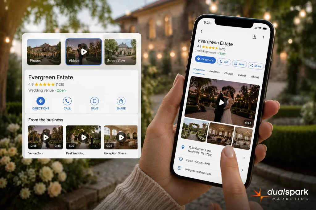 Wedding venue Google Business Profile with video content improving local SEO engagement
