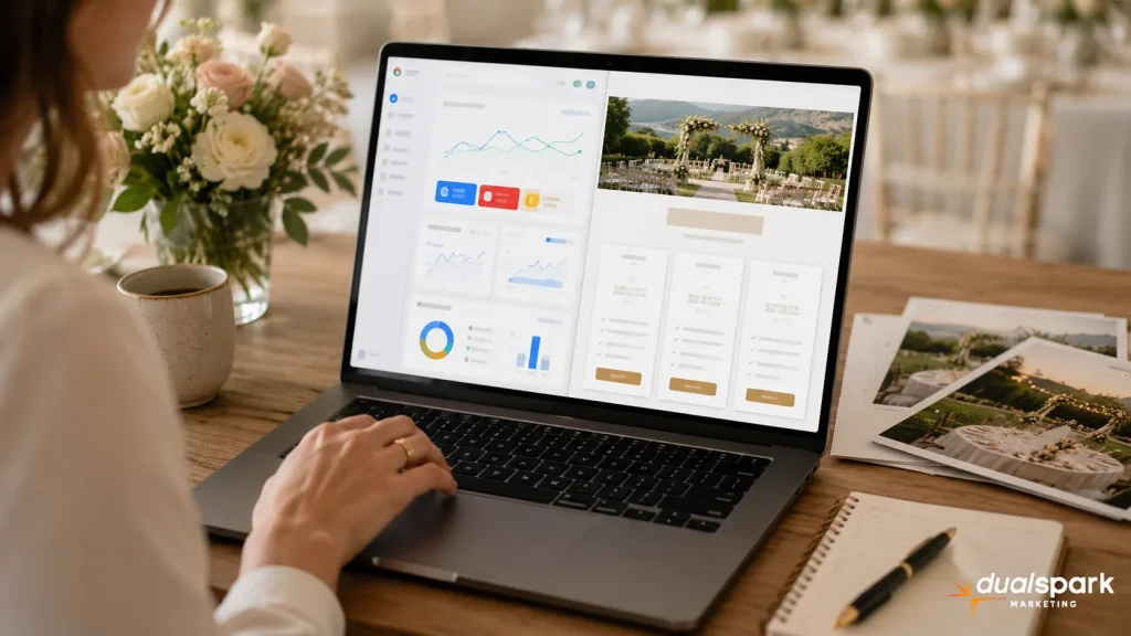 Wedding venue marketer reviewing a pricing page and paid ads dashboard on a laptop at a desk