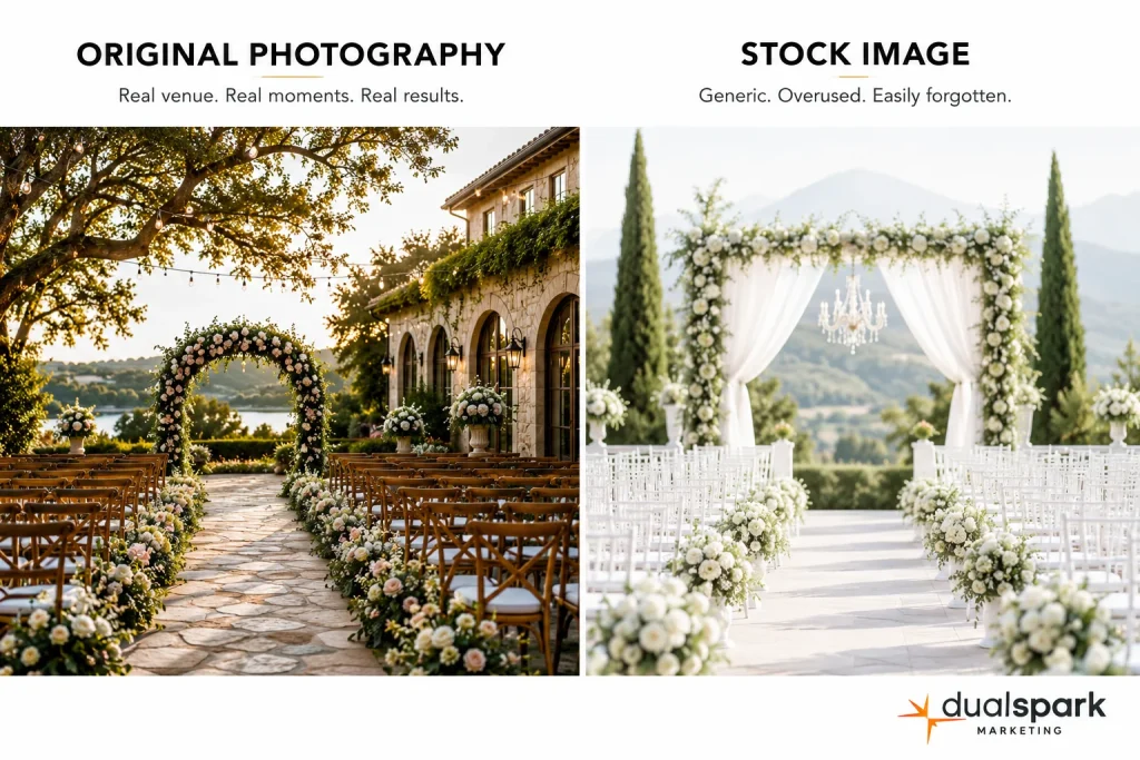 Comparison of original wedding venue photography versus generic stock wedding images for SEO and marketing