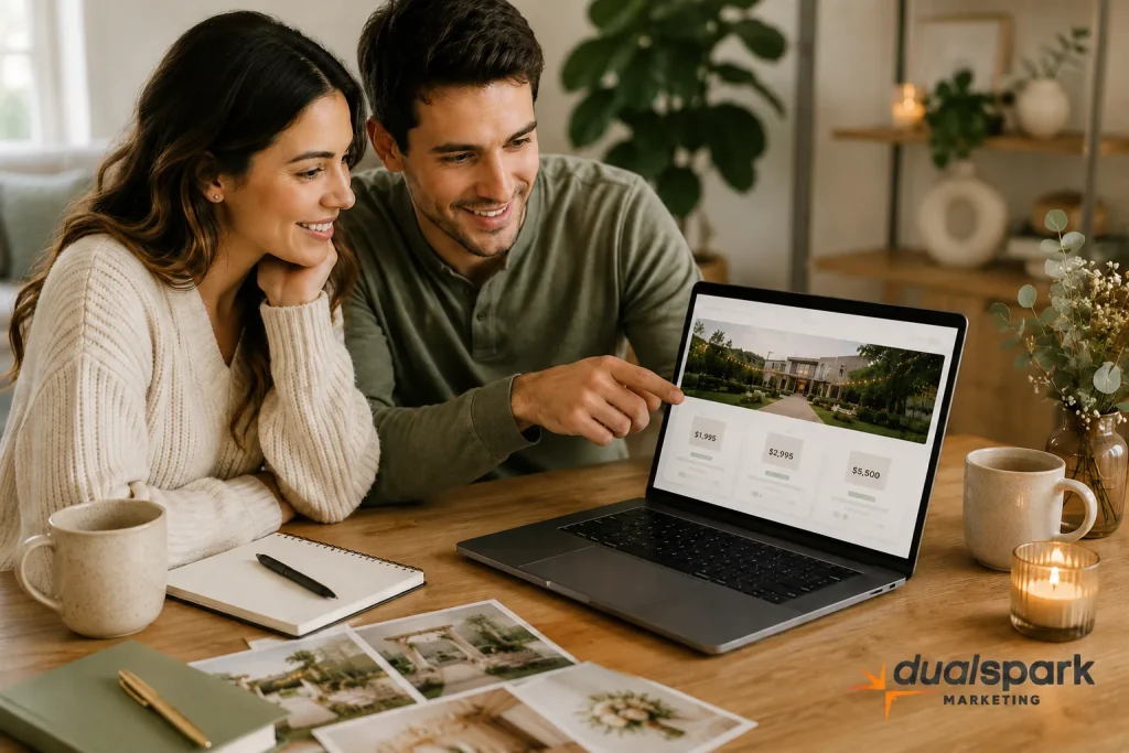 Engaged couple reviewing wedding venue pricing packages on a laptop at home before making contact