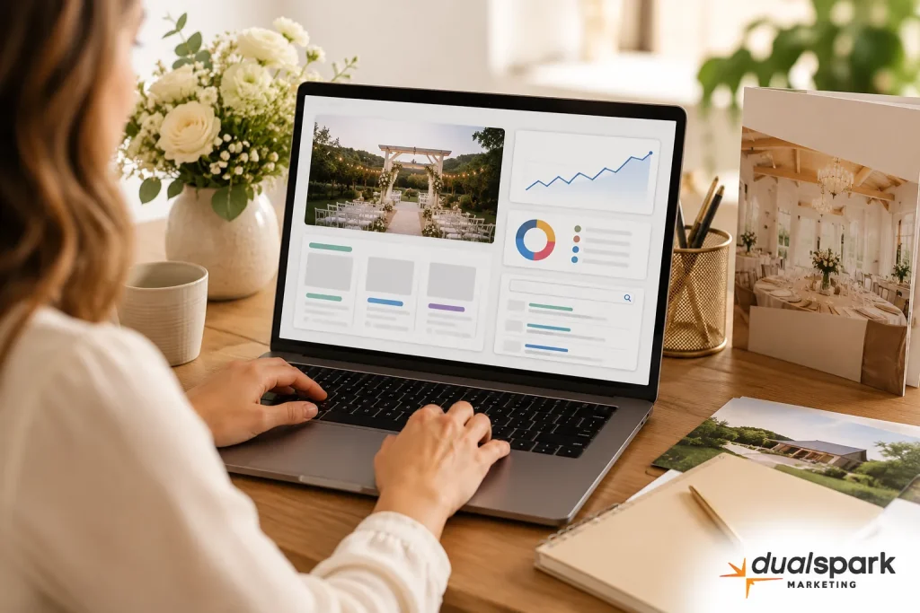 Wedding venue marketer reviewing SEO and pricing page performance on a laptop at a desk