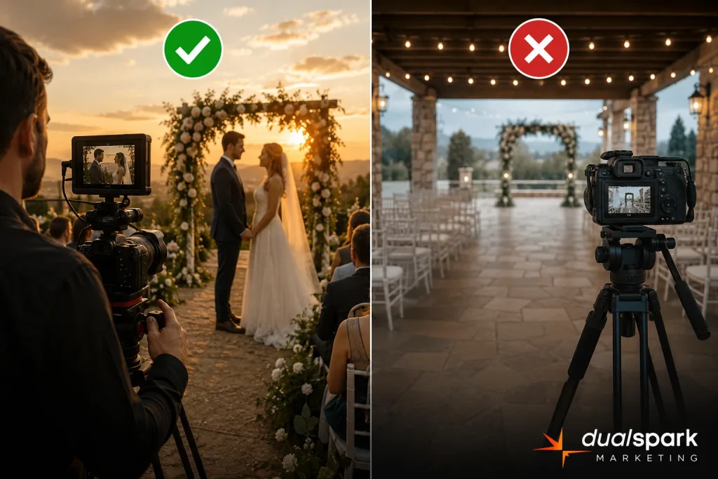Comparison between authentic wedding venue videos and generic promotional venue videos
