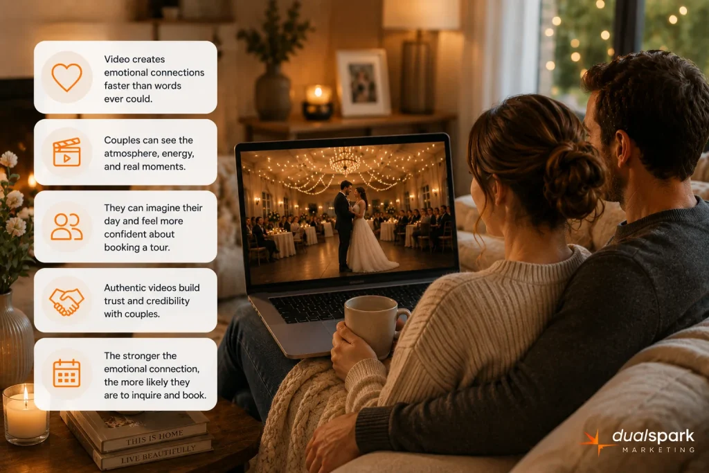 Couple watching wedding venue video on laptop building emotional trust and connection