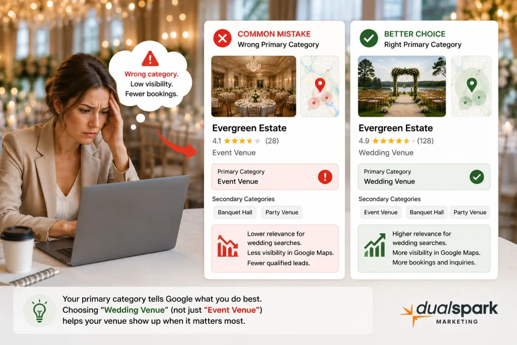 Wedding venue owner choosing the wrong Google Business Profile category hurting local SEO rankings