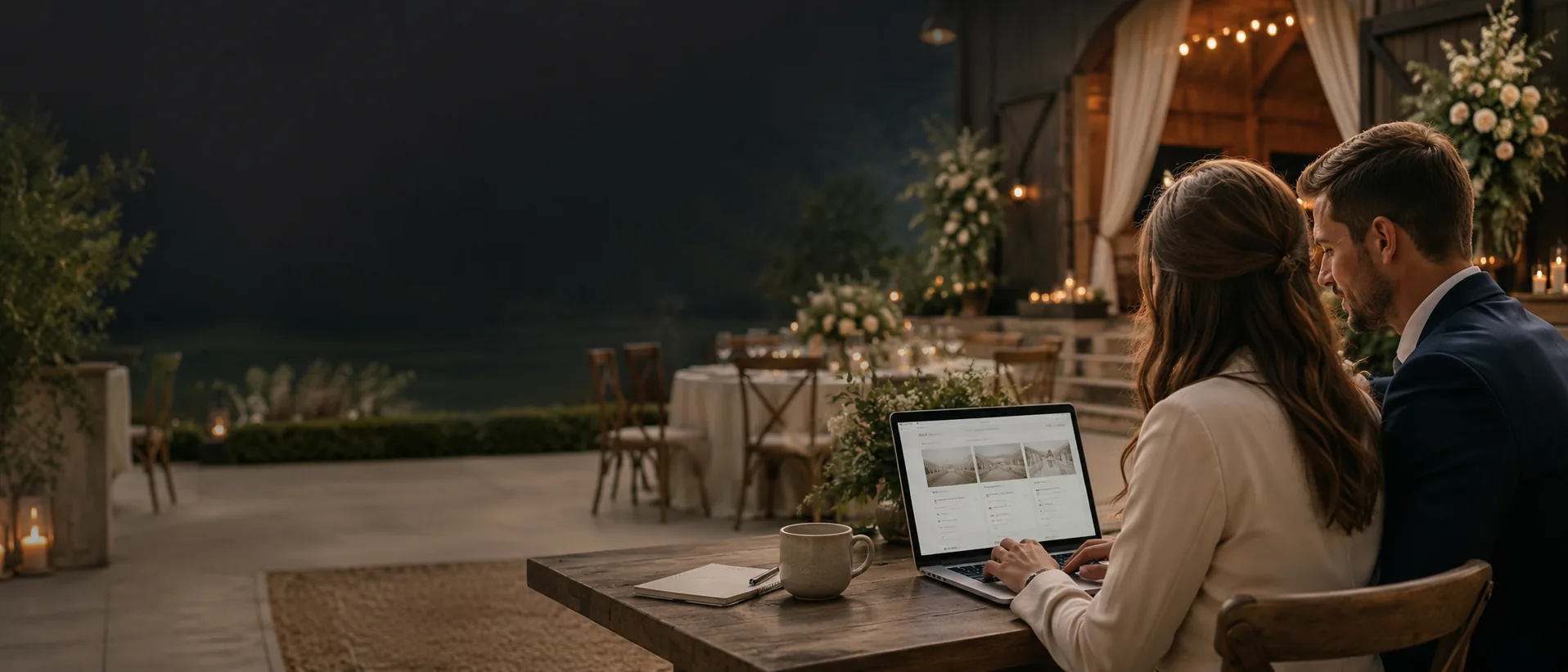 Engaged couple reviewing wedding venue package details on a laptop inside an elegant reception space