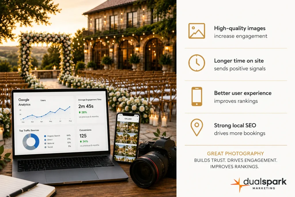 Wedding venue SEO infographic showing how photography and user engagement affect Google rankings