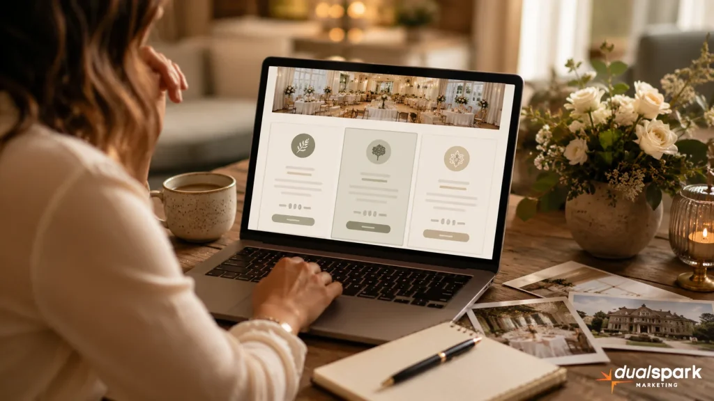 Wedding venue owner reviewing a laptop with pricing package options that do not show exact prices