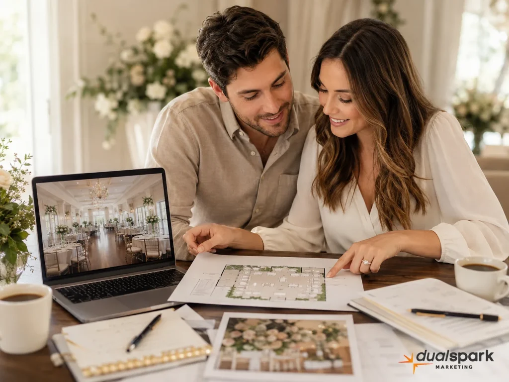 Engaged couple reviewing a wedding venue floor plan and venue photos while planning their wedding