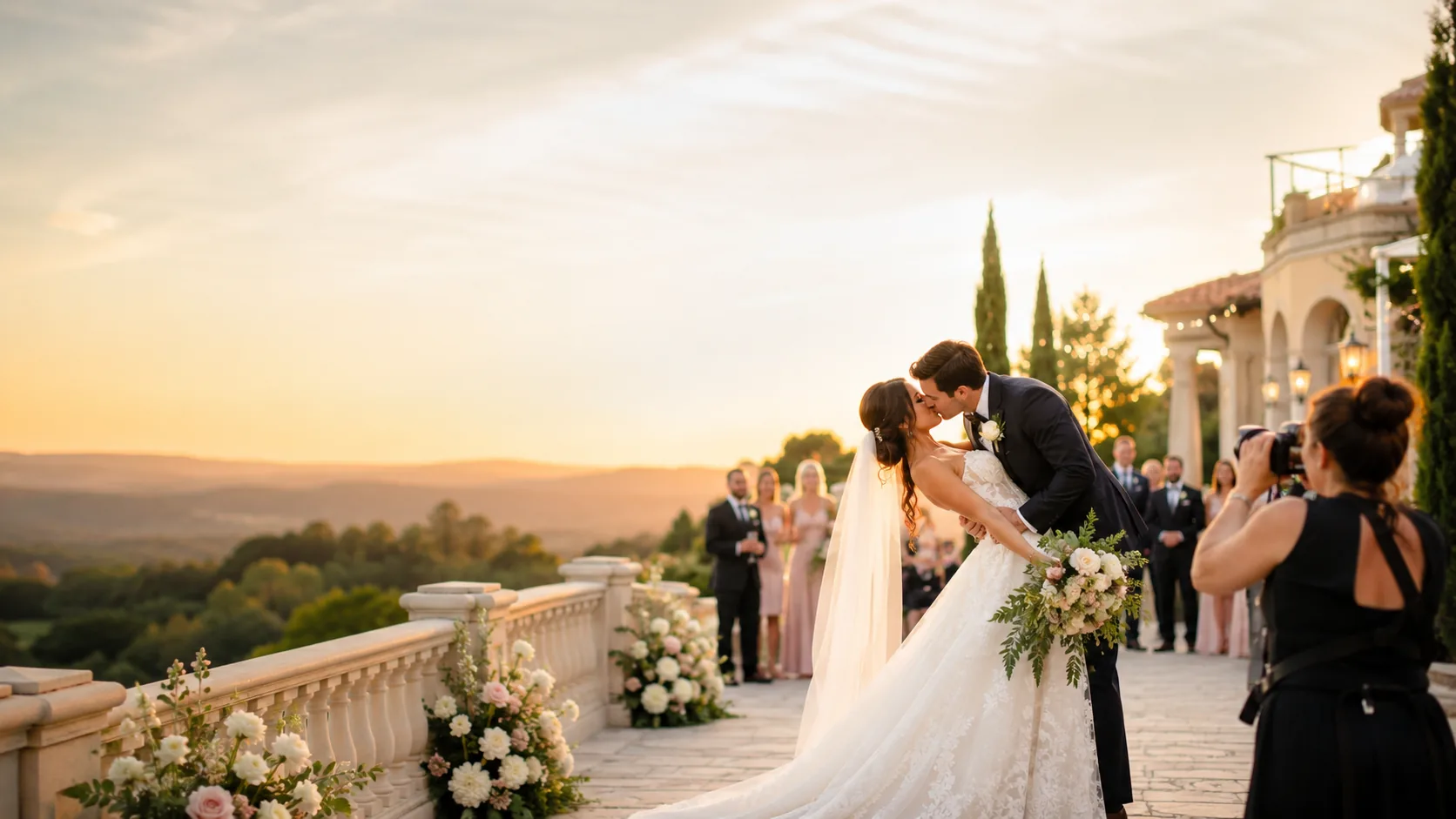 Real wedding couple sharing a sunset moment at an outdoor venue while a photographer captures the day