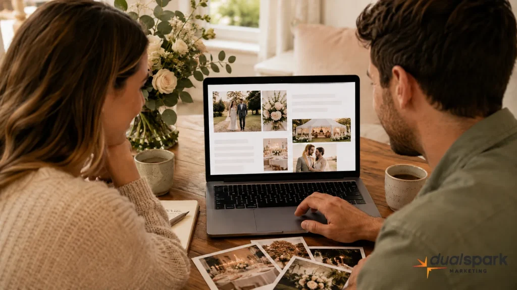 Engaged couple looking at a real wedding blog post on a laptop and imagining their own wedding day