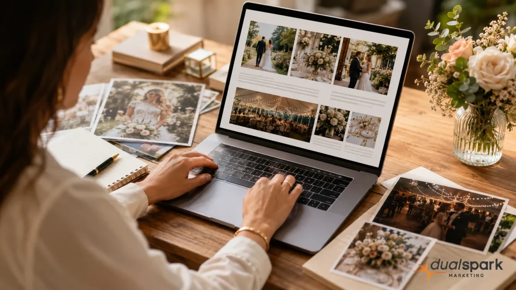 Wedding venue marketer organizing real wedding photos into a blog post layout on a laptop