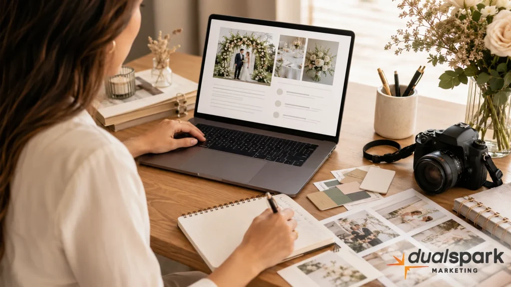 Wedding venue marketer reviewing a real wedding blog post with vendor details, photos, and planning materials on a desk