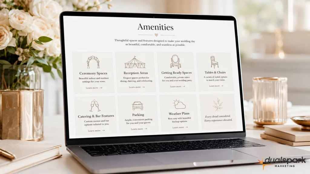 Laptop showing organized wedding venue amenities categories
